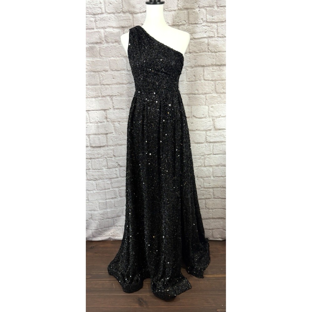 Faeriesty Womens Small Black Sequin One Shoulder Maxi Dress Formal Evening Gown